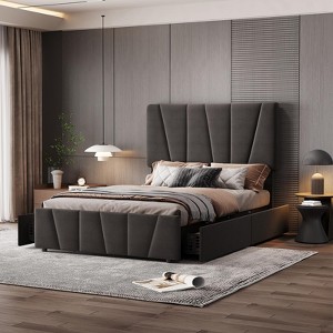 Bed Frame with Adjustable Headboard and 2 Storage Drawers, Upholstered Platform Bed Frame with Wooden Slats Support - 1 of 4