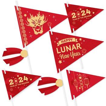 Big Dot of Happiness Lunar New Year - Triangle 2024 Year of the Dragon Photo Props - Pennant Flag Centerpieces - Set of 20