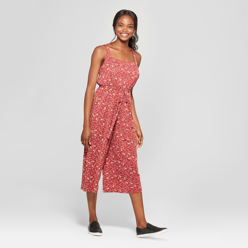 Women's Floral Print Sleeveless Tie Waist Jumpsuit - Lily Star (Juniors') Coral XL, Size: XL, Red was $29.98 now $7.49 (75.0% off)