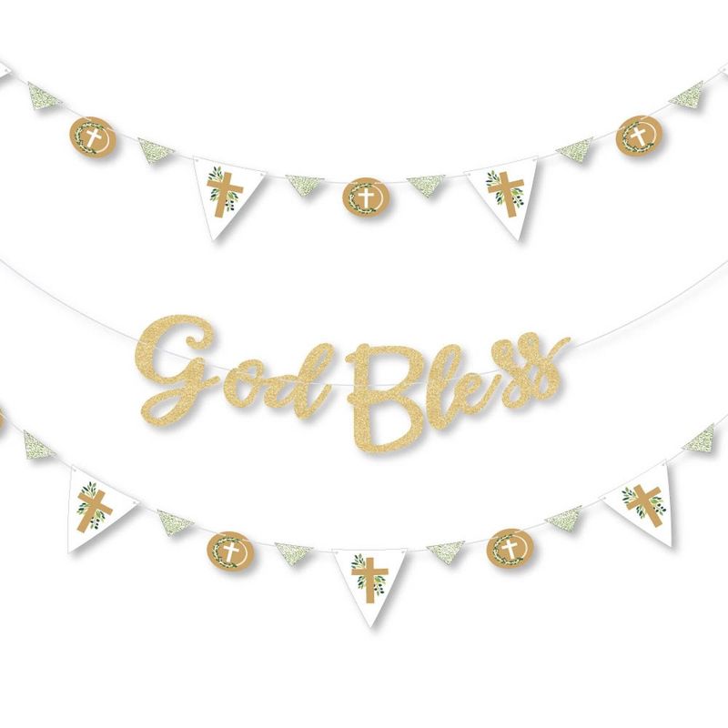 Big Dot of Happiness Elegant Cross -  Party Letter Banner Decor- 36 Banner Cutouts and No-Mess Real Gold Glitter God Bless Banner Letters, 1 of 9