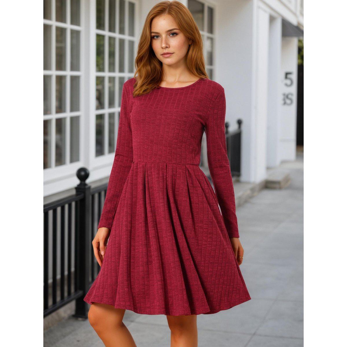 Женские платья INSPIRE CHIC Women's Long Sleeve Round Neck A-Line Swing Knee Length Dress with Pockets Wine Red Medium — фото 2