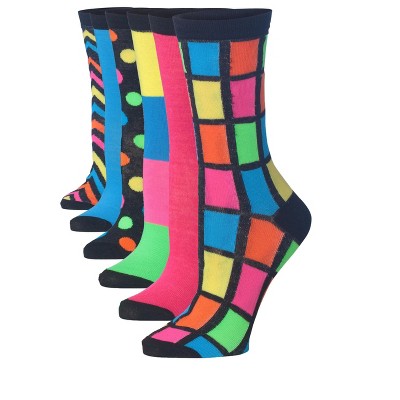 Tipi Toe Women's 6-Pairs Colorful Geometric Shapes Stripes Funky Patterned Crew Dress Socks