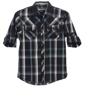 Gioberti Boy's Long Sleeve Roll Up Black / Gray Plaid Checked Shirt, Size 4T - 1 of 3