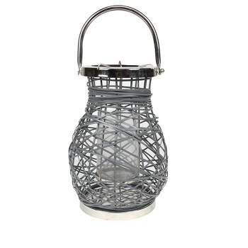 Northlight 13.5" Modern Gray Decorative Woven Iron Pillar Candle Lantern with Glass Hurricane