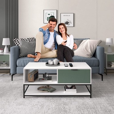 Watson White and Green Rectangular Wood Coffee Table with Storage
