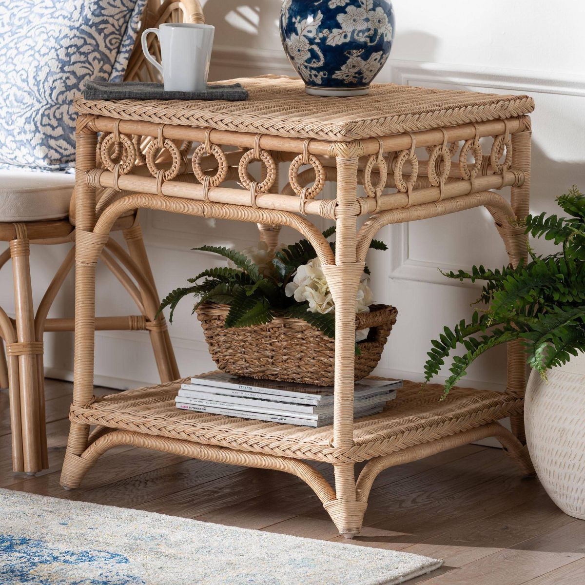 bali & pari Oxford Braided Natural Rattan End Table with Shelf Natural Brown - thumbnail 6