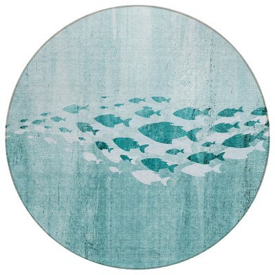 Teal Blue Aqua And Ivory Nautical Washable Indoor Outdoor Area Rug