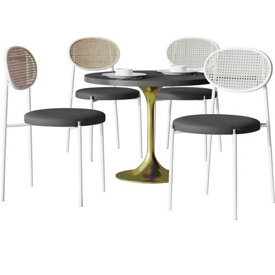 LeisureMod 5-PC Dining Set - 36" Round Dining Table Black MDF Top & Gold Base, 4 Velvet Dining Chairs in White Steel Legs