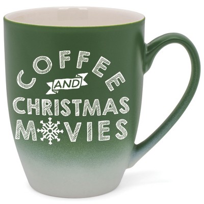 Elanze Designs Coffee And Christmas Movies Two Toned Ombre Matte Green and White 12 ounce Ceramic Stoneware Coffee Cup Mug
