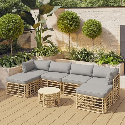 Whisen All-Weather Rattan Sectional Sofa Set with Thick Cushions and Pillows, Freely Combined Conversation Sets
