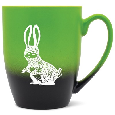 Elanze Designs 12 Ounce Vibrant Two Toned Ombre Ceramic Tea Coffee Cup Mug Green Black Gentle Floral Rabbit