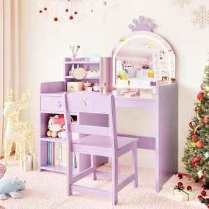 Kids Vanity with Lighted Mirror, 2 in 1 Princess Vanity Set Toddler Vanity Table & Chair Set with Open Bookshelf, Storage Cabinet & Shelves for Girls - 1 of 4
