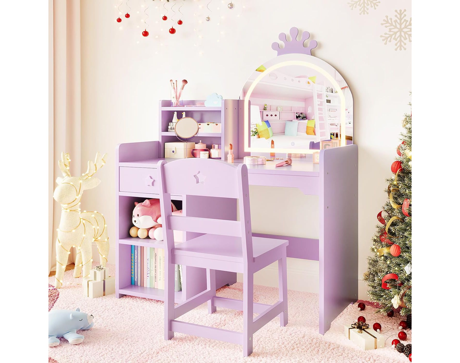 Kids Vanity with Lighted Mirror, 2 in 1 Princess Vanity Set Toddler Vanity Table & Chair Set with Open Bookshelf, Storage Cabinet & Shelves for Girls