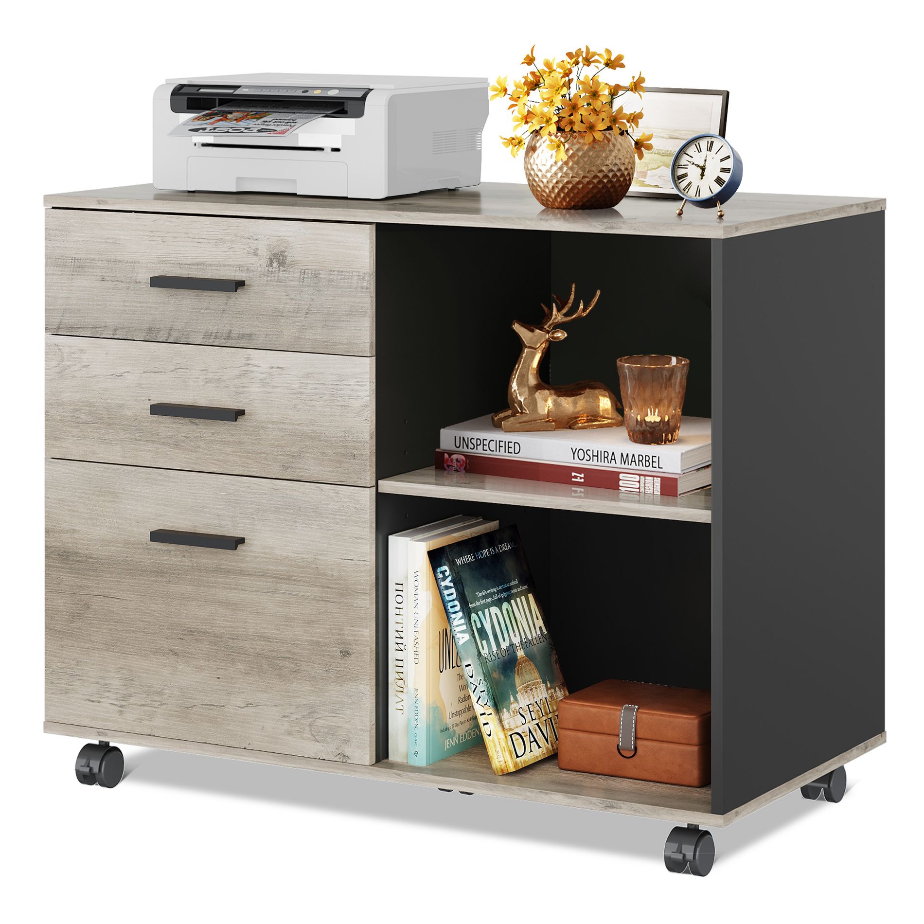GALAXHERO 3-Drawer Mobile File Cabinet Wood Lateral Filing Cabinet with Open Shelves Printer Stand for Home Office Organization