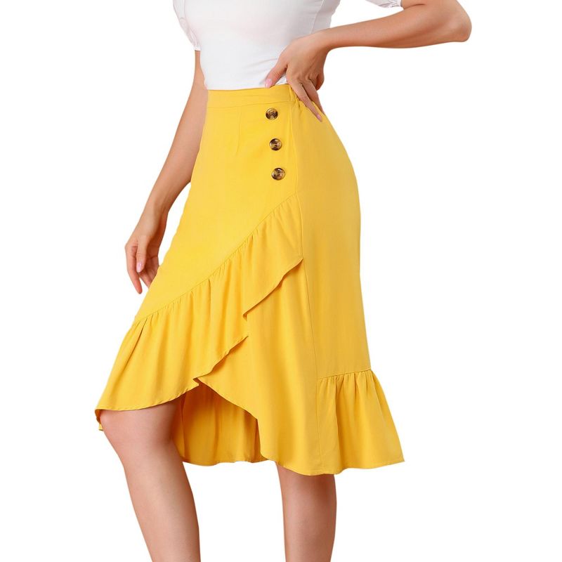 Allegra K Women's Button Decor High Waist Solid Color Asymmetrical Ruffle Skirt, 1 of 7