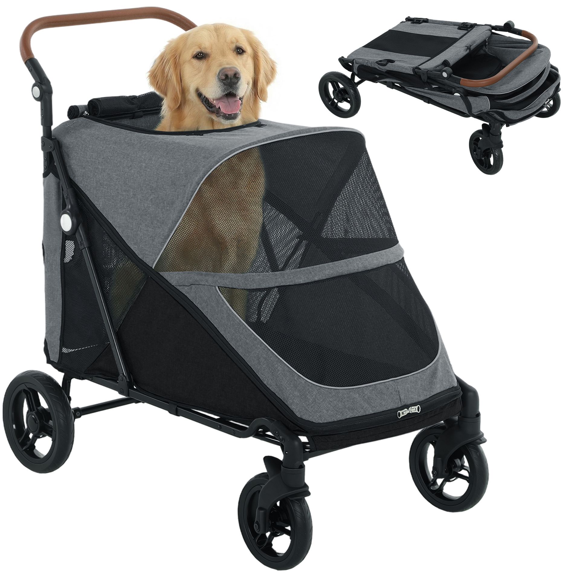 PawHut Dog Stroller for Large Dogs, One-Click Folding 4 Wheel Large Pet Stroller w/ 8-Position Adjustable Handle, All-Terrain Spring Suspension, Gray