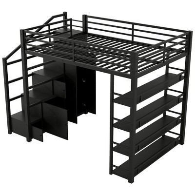 Bellemave Full Size Metal Loft Bed with Storage Shelves, Cabinets and Wardrobe, Black