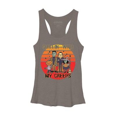 Women's Design By Humans Chillin with my creeps 80's style halloween characters By MerchHQ Racerback Tank Top