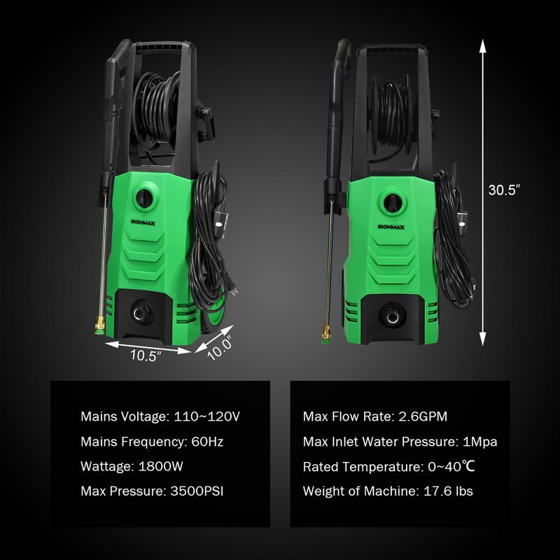 IronMax  3500PSI Electric Pressure Washer 2.6GPM 1800W w/ 4 Nozzles & Foam Lance Orange\Green, 3 of 11