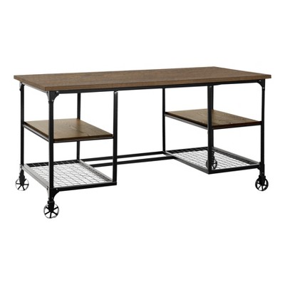 Vynxaria 4-Shelf Writing Desk with Metal Casters Natural Rustic Black Metal Modern Traditional Aesthetic for Home Office