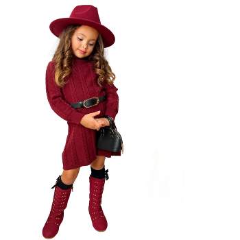 Girls Cute Cranberry Cable Knit Belted Sweater Dress - Mia Belle Girls