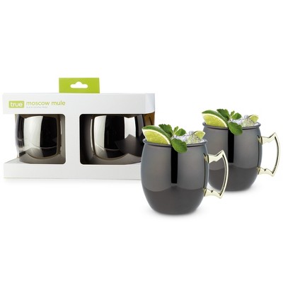 True Moscow Mule Mug Set of 2, Stainless Steel, Black & Gold Finish, Holds 16 oz, Cocktail Drinkware