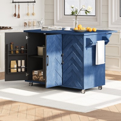 Whisen Farmhouse Style Kitchen Islands on 5 Wheels with Drop Leaf and Internal Storage Rack