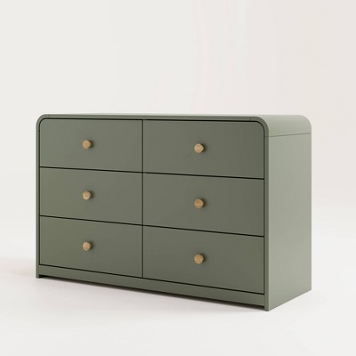Olive Green 6-Drawer Nursery Dresser with Natural Rubberwood Knobs