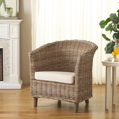 Natural Unfinished Rattan Barrel Accent Chair with White Cushion