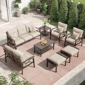 Heynemo Outdoor Patio Furniture Set, 8 Piece Patio Conversation Set with Coffee Table Side Table and Ottomans, Metal Furniture Set for Porch, Grey - 1 of 4