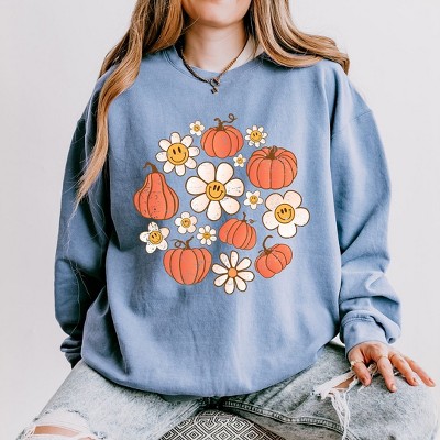 Simply Sage Market Women's Lightweight Garment Dyed Graphic Sweatshirt Circle Pumpkin Flowers
