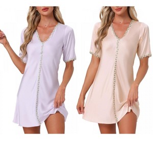 INSPIRE CHIC Women's 2 Pcs Floral Satin Sleep Dress A-Line Soft V-Neck Short-Sleeve Loungewear - 1 of 4
