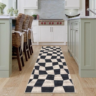 Acekool 2x6 Washable Plaid Rug – Modern Non-Slip Hallway Carpet, Stain-Resistant Geometric Design in Coastal Blue