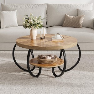 30 Inch Round Farmhouse Coffee Table with Storage Shelf, 2 Tier Rustic Wood Center Table with Curved Metal Legs, Compact Living Room Furniture - 1 of 4