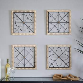 Set of 4 Wood Geometric Carved Beading Wall Decors with Metal Wire Brown - Olivia & May