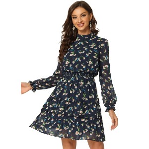 INSPIRE CHIC Women's Stand Collar Smocked Waist Sheer Sleeve Ruffle Layers Floral Chiffon Dress - 1 of 4