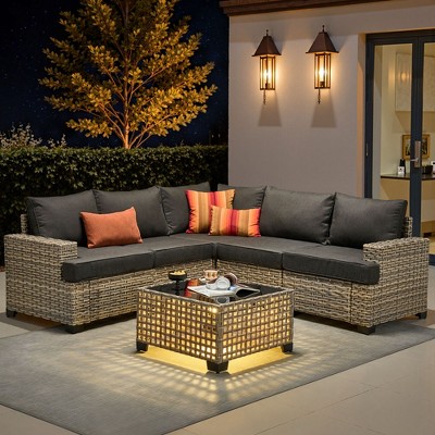 XIZZI All-Weather Rattan Furniture, Sectional Sets w/ Optional Solar Light-Up Coffee Table & Ottoman, Choose 6-9pc Configs in 8 Fade Resistant Colors