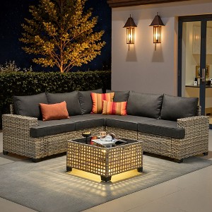 XIZZI All-Weather Rattan Furniture, Sectional Sets w/ Optional Solar Light-Up Coffee Table & Ottoman, Choose 6-9pc Configs in 8 Fade Resistant Colors - 1 of 4