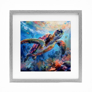 Stupell Industries Rainbow Sea Turtle & Bubbles Framed Print Under Glass Art, Gray, 16" x 16" - 1 of 4