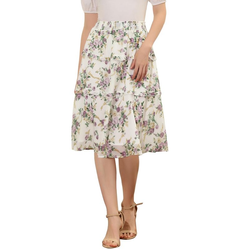 Allegra K Women's Floral Print Smocked Elastic Waist Knee Length Flowy Tiered Ruffle Skirt, 1 of 6