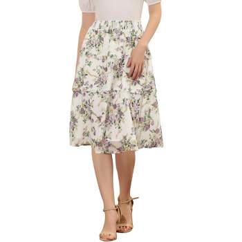 Allegra K Women's Floral Print Smocked Elastic Waist Knee Length Flowy Tiered Ruffle Skirt