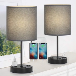 Oumilen 16" Black Metal Table Lamp with Gray Shade, USB Ports and AC Outlet, Set of 2 - 1 of 1