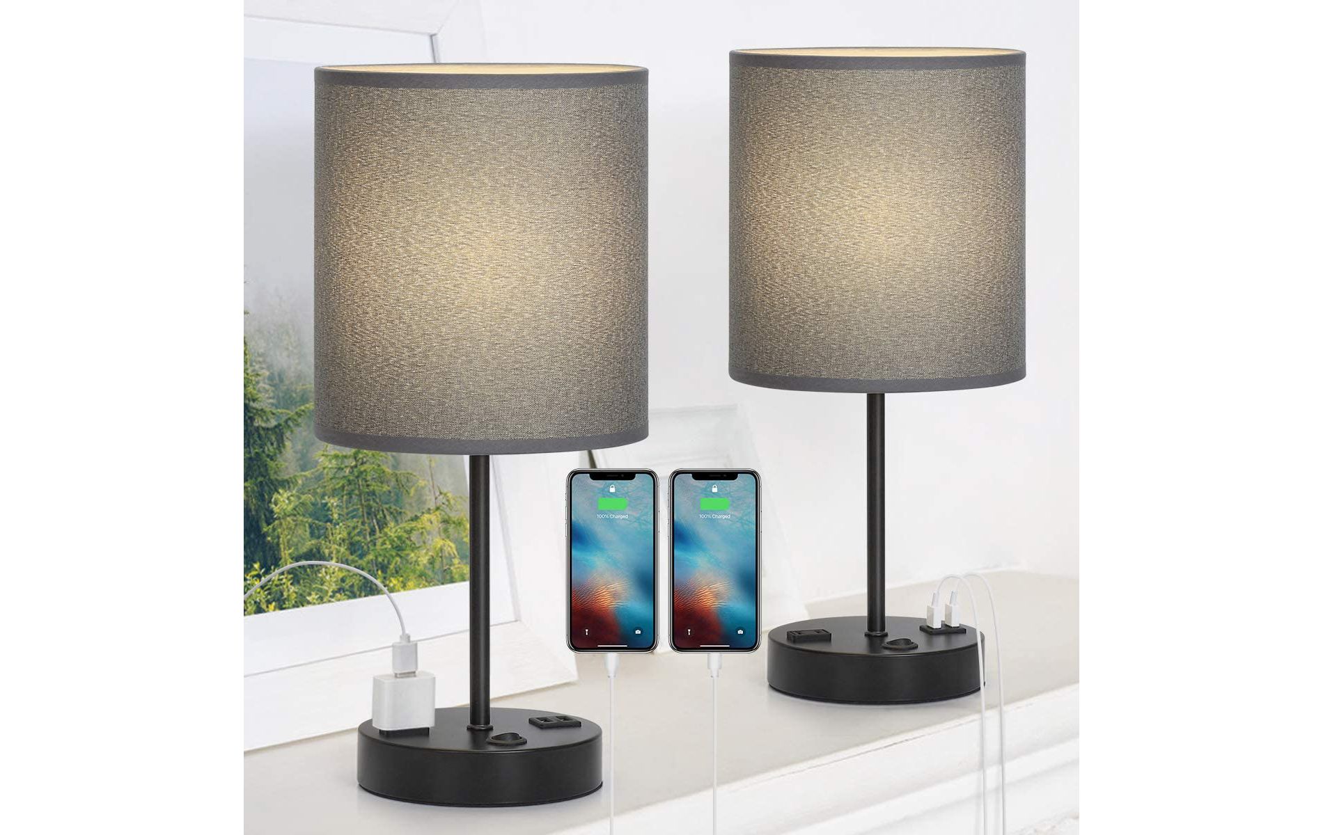 Oumilen 16" Black Metal Table Lamp with Gray Shade, USB Ports and AC Outlet, Set of 2