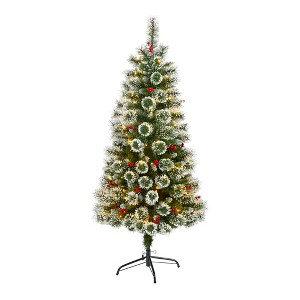 Nearly Natural 5-ft Frosted Swiss Pine Artificial Christmas Tree with 200 Clear LED Lights and Berries - 1 of 4
