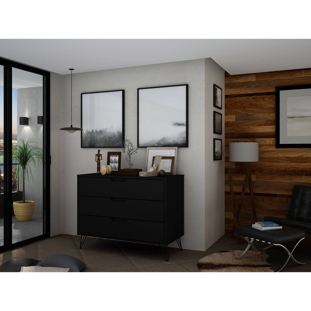 Rockefeller Dresser Black - Manhattan Comfort: MDF Composite Frame, 3-Drawer Storage for Bedroom