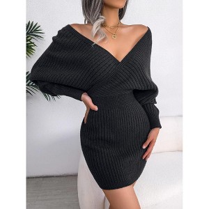 Coolmee Women's Wrap V Neck Sweater Dress Rib Knit Batwing Dresses - 1 of 4