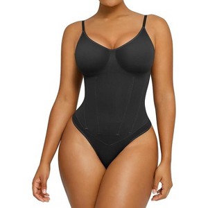 SHAPELLX Womens Shapewear Tummy Control Thong Slimming Body Shaper Seamless Compression Top Waist Boning Corset Bodysuit—Black 38 - 1 of 3