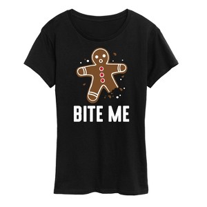 Women's - Instant Message - Bite Me Gingerbread Man Christmas Short Sleeve Graphic T-Shirt - 1 of 4