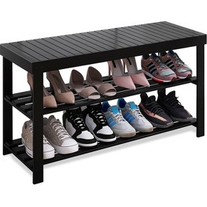 Create an Organized Entryway: 3-Tier Bamboo Shoe Bench with Built-in Seat - Space-Saving Storage Shelf - 1 of 4