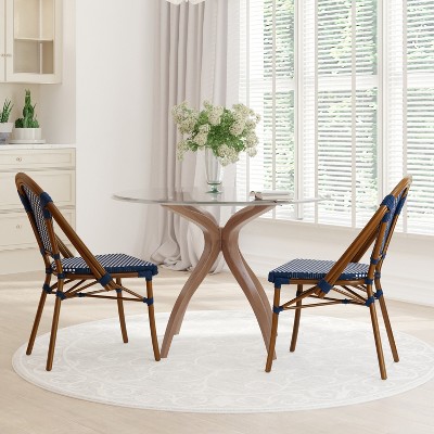 Navy and White PE Rattan Bistro Chairs with Bamboo Finish Aluminum Frame, Set of Two